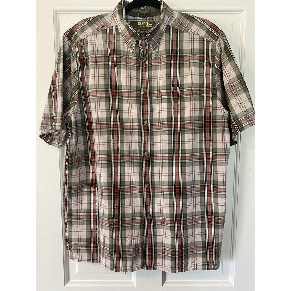 Gander Mountain Mens Camp Shirt SZ Lrg Green Plaid Short Sleeve‎ Button Down
